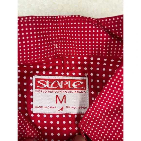 Staple Pigeon Red White Polka‎ Dot Patchwork Button Down Shirt Men's Medium - Picture 4 of 9